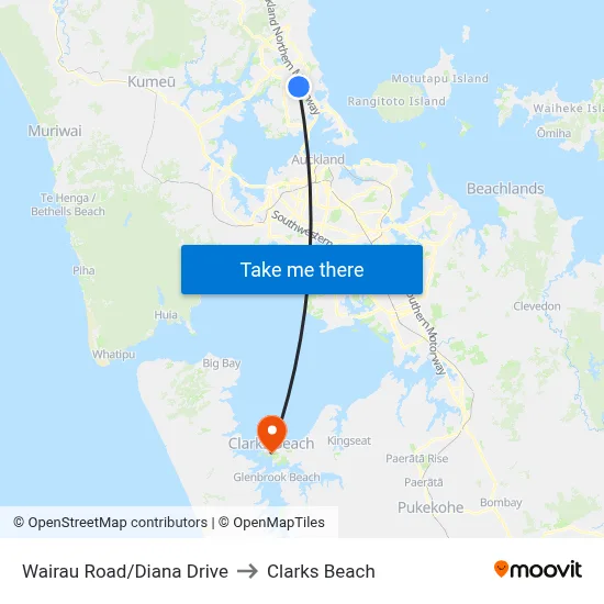 Wairau Road/Diana Drive to Clarks Beach map