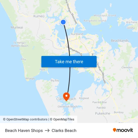 Beach Haven Shops to Clarks Beach map