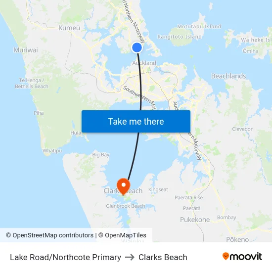 Lake Road/Northcote Primary to Clarks Beach map