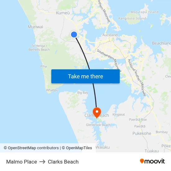 Malmo Place to Clarks Beach map