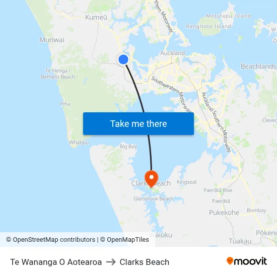 Te Wananga O Aotearoa to Clarks Beach map