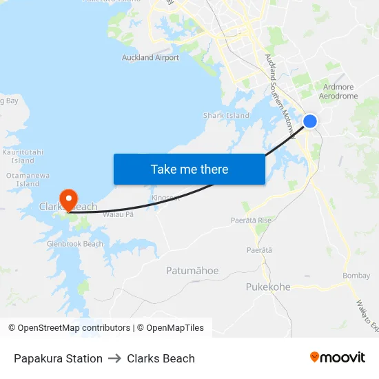 Papakura Station to Clarks Beach map
