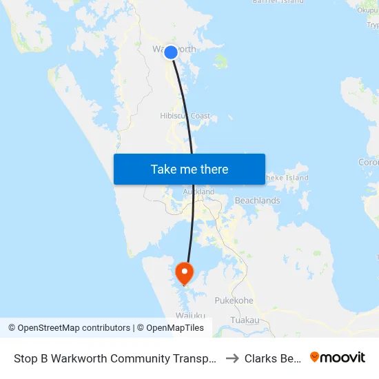 Stop B Warkworth Community Transport Hub to Clarks Beach map