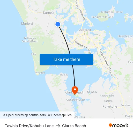 Tawhia Drive/Kohuhu Lane to Clarks Beach map
