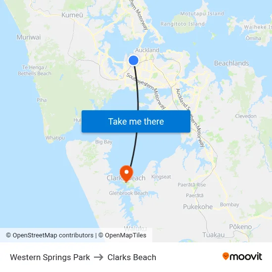 Western Springs Park to Clarks Beach map