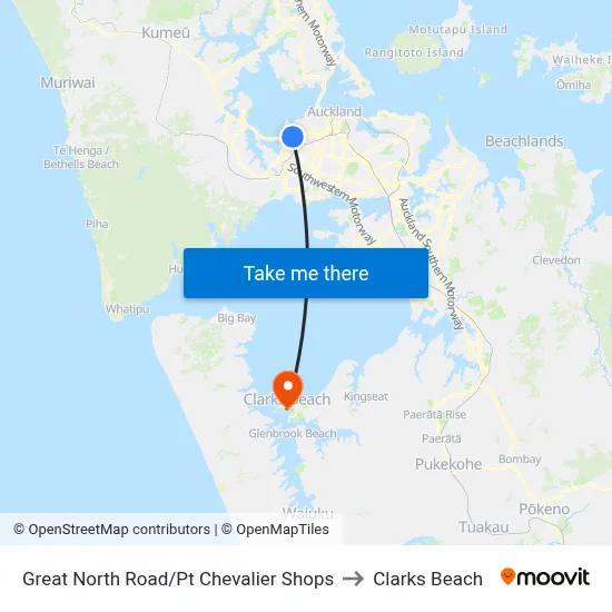 Great North Road/Pt Chevalier Shops to Clarks Beach map