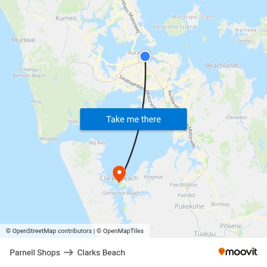 Parnell Shops to Clarks Beach map