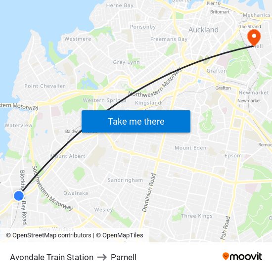 Avondale Train Station to Parnell map