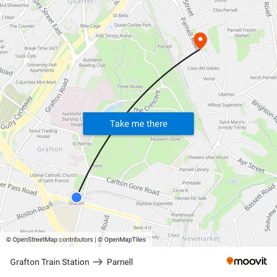 Grafton Train Station to Parnell map