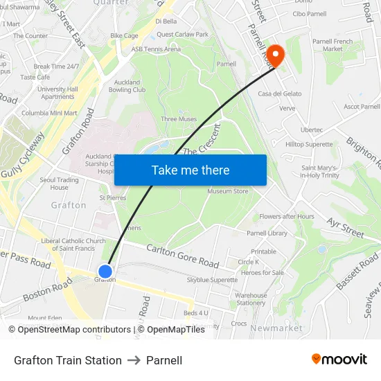 Grafton Train Station to Parnell map