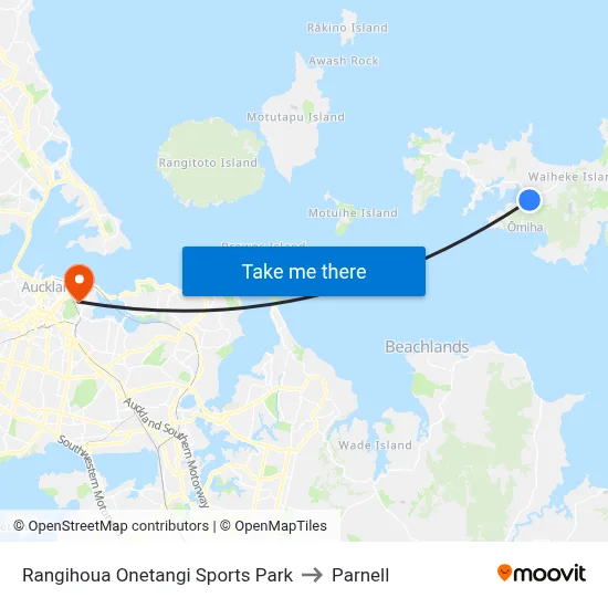 Rangihoua Onetangi Sports Park to Parnell map