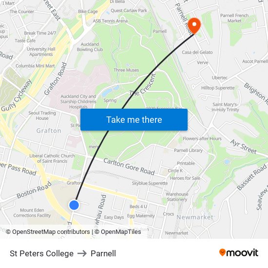 St Peters College to Parnell map