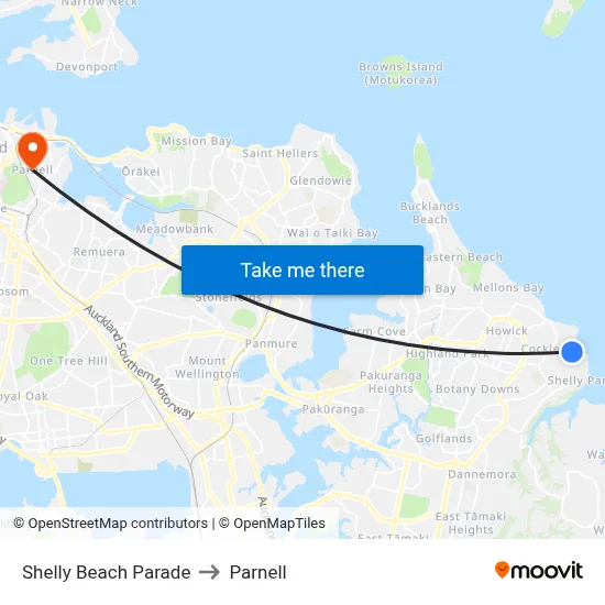 Shelly Beach Parade to Parnell map