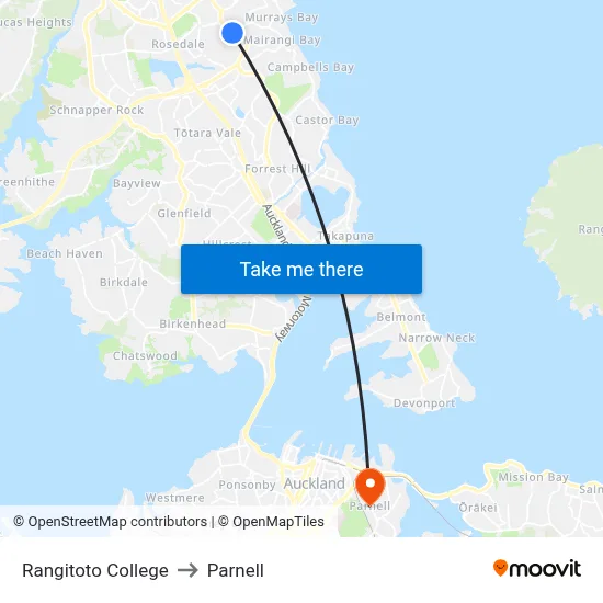 Rangitoto College to Parnell map