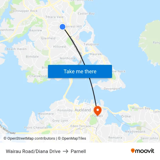 Wairau Road/Diana Drive to Parnell map