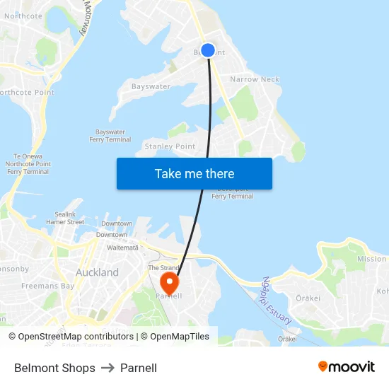 Belmont Shops to Parnell map