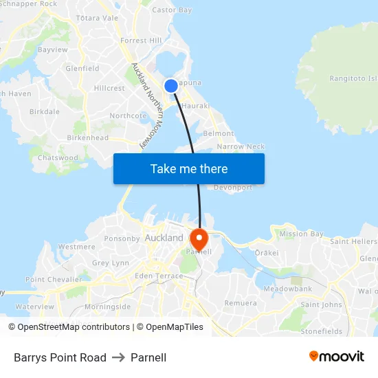 Barrys Point Road to Parnell map