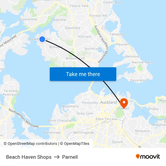Beach Haven Shops to Parnell map