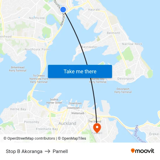Stop B Akoranga to Parnell map