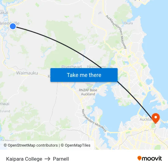 Kaipara College to Parnell map