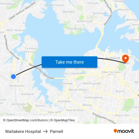 Waitakere Hospital to Parnell map