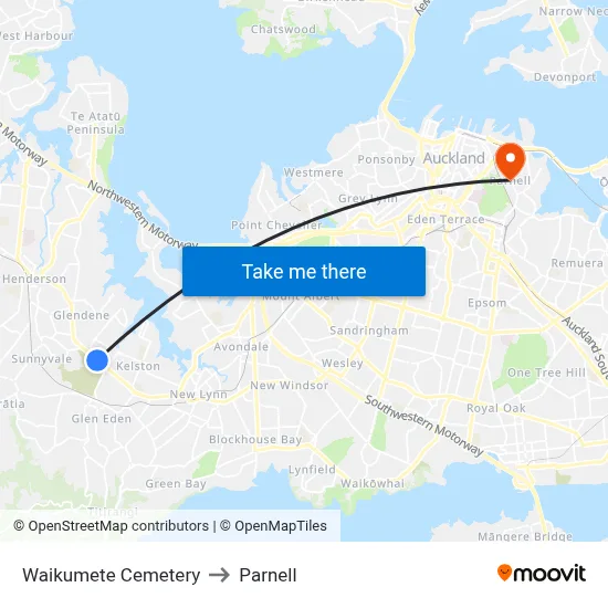 Waikumete Cemetery to Parnell map