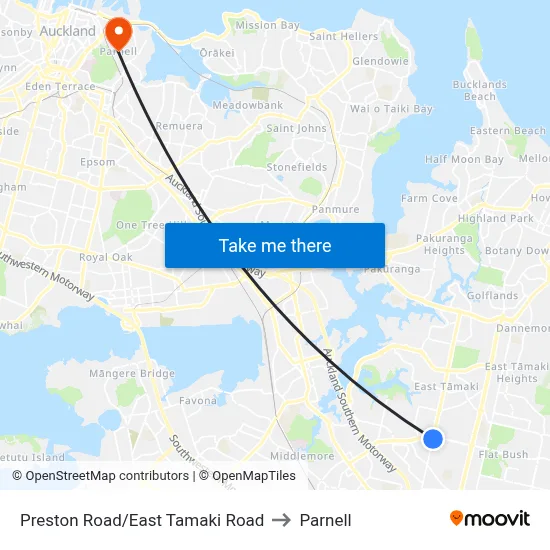 Preston Road/East Tamaki Road to Parnell map
