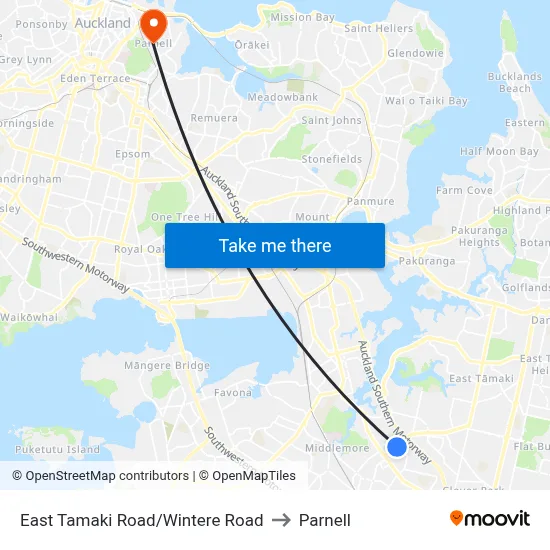 East Tamaki Road/Wintere Road to Parnell map