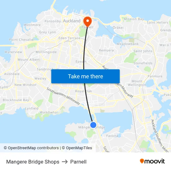 Mangere Bridge Shops to Parnell map