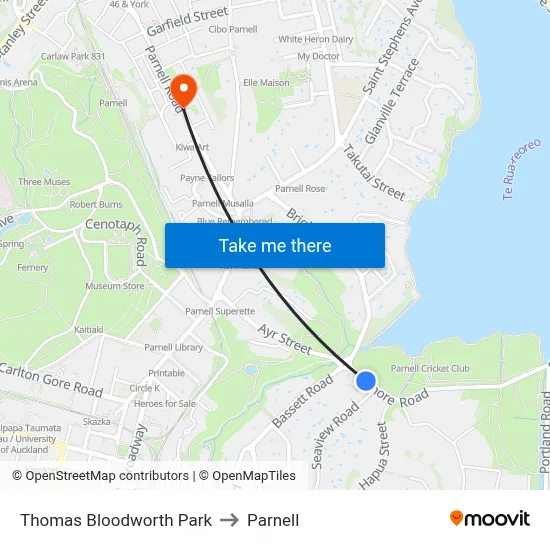 Thomas Bloodworth Park to Parnell map