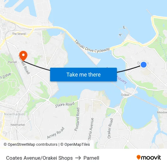 Coates Avenue/Orakei Shops to Parnell map