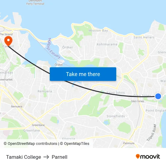 Tamaki College to Parnell map