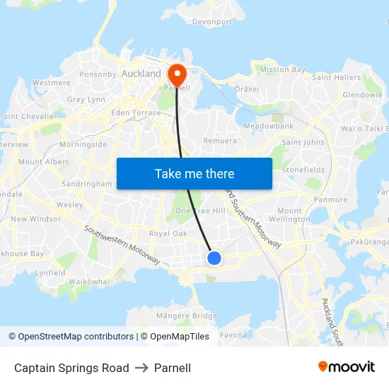Captain Springs Road to Parnell map
