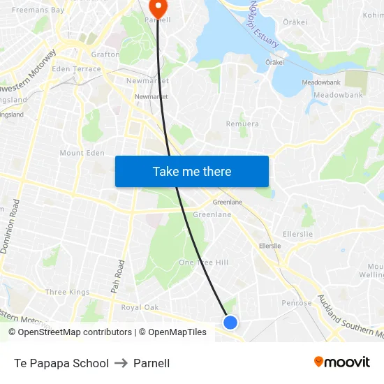 Te Papapa School to Parnell map