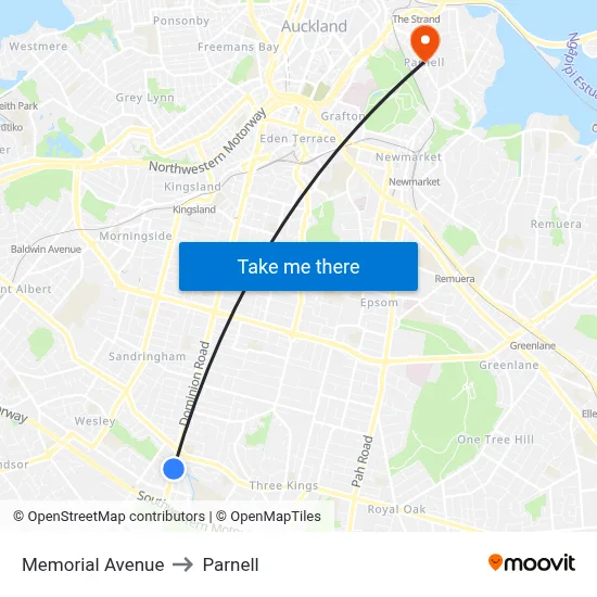 Memorial Avenue to Parnell map