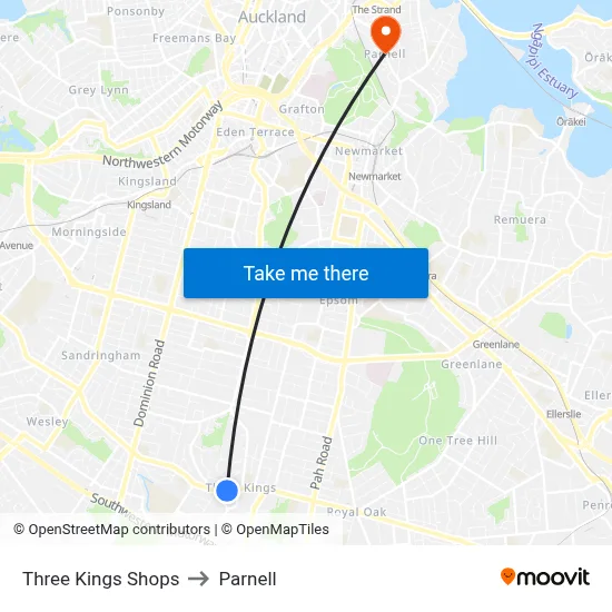 Three Kings Shops to Parnell map