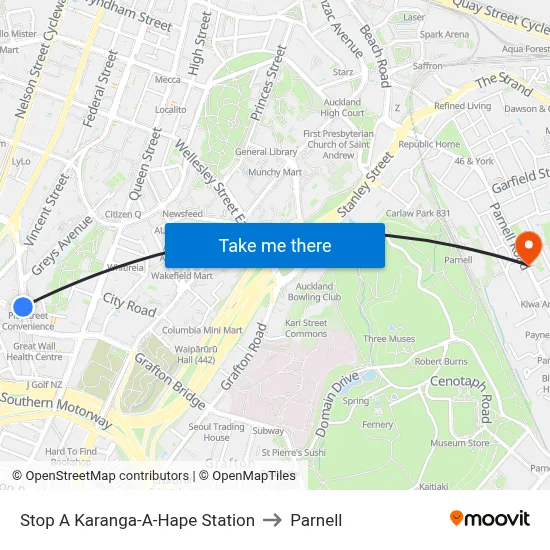 Stop A Karanga-A-Hape Station to Parnell map