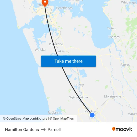 Hamilton Gardens to Parnell map
