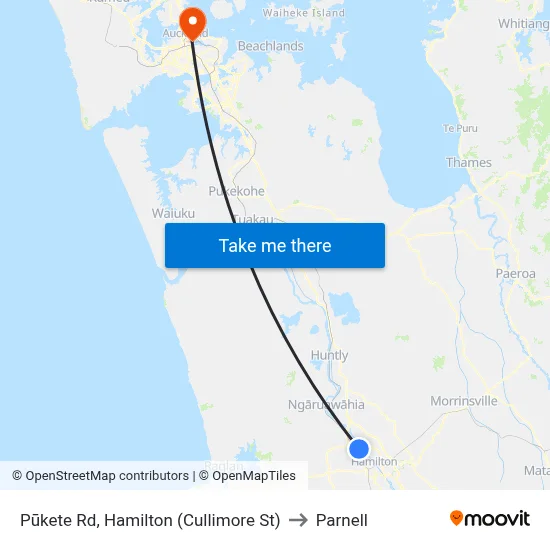 Pūkete Rd, Hamilton (Cullimore St) to Parnell map
