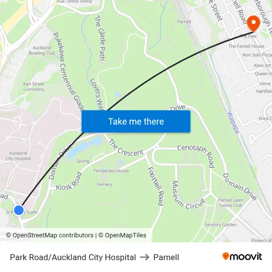 Park Road/Auckland City Hospital to Parnell map