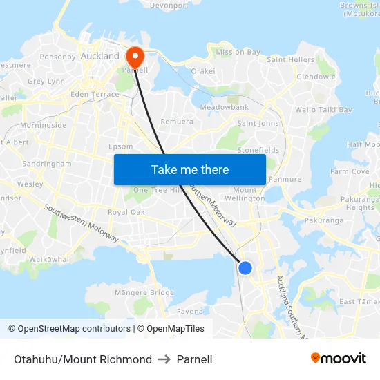Otahuhu/Mount Richmond to Parnell map