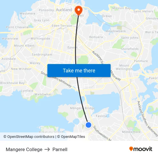Mangere College to Parnell map