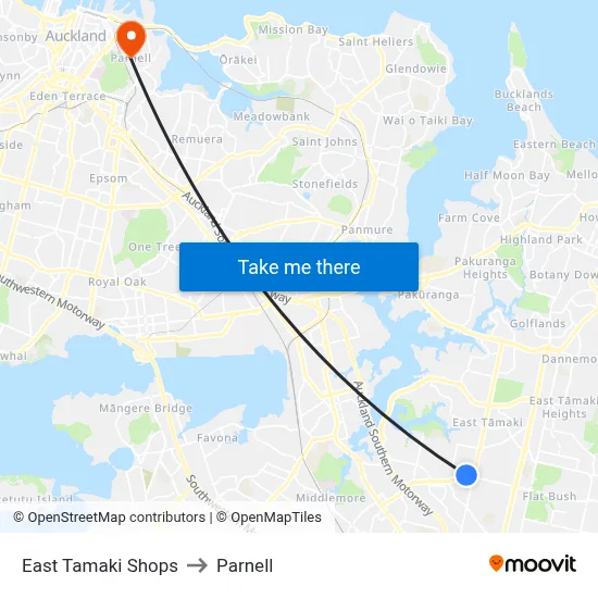 East Tamaki Shops to Parnell map