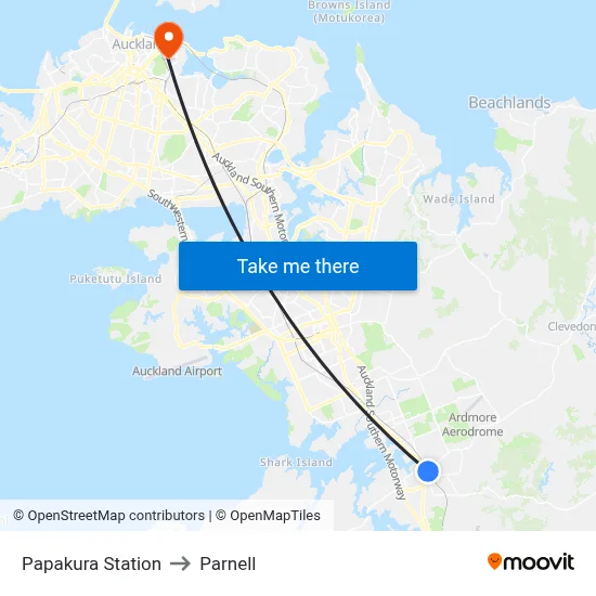 Papakura Station to Parnell map