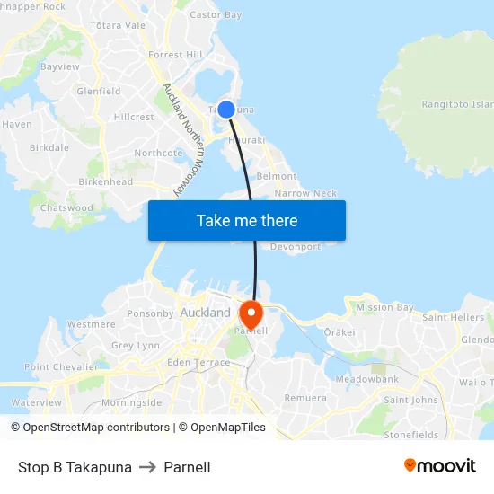 Stop B Takapuna to Parnell map