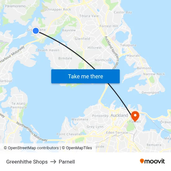 Greenhithe Shops to Parnell map