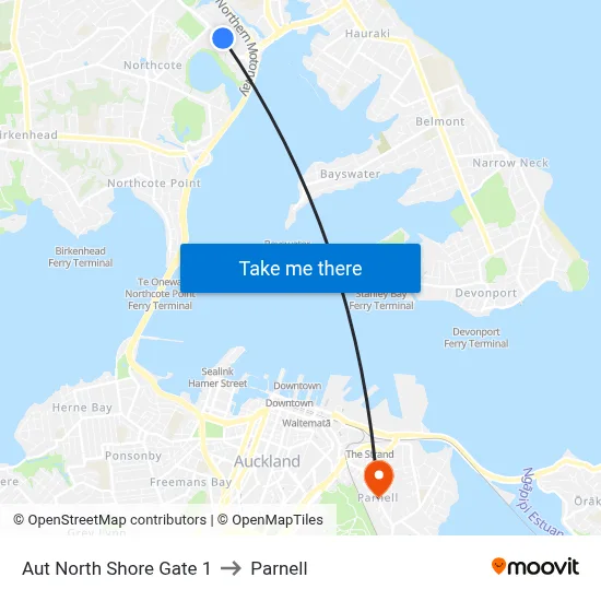 Aut North Shore Gate 1 to Parnell map