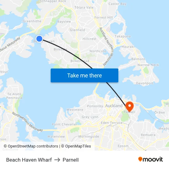 Beach Haven Wharf to Parnell map