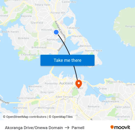 Akoranga Drive/Onewa Domain to Parnell map