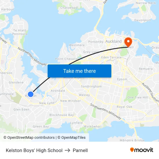Kelston Boys' High School to Parnell map